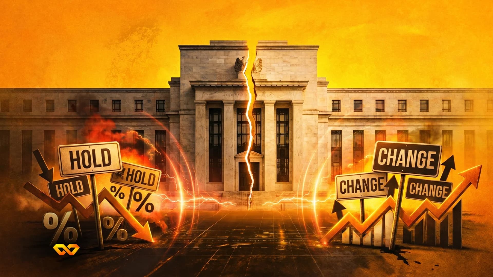 Federal Reserve building split by a crack with 'HOLD' and 'CHANGE' signs and market arrows on an orange background.