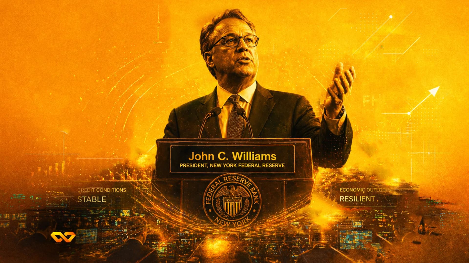 A man in a suit and glasses speaks at a podium with "John C. Williams, President, New York Federal Reserve" text. The background is golden with data graphics and a cityscape. Text overlays read "Credi