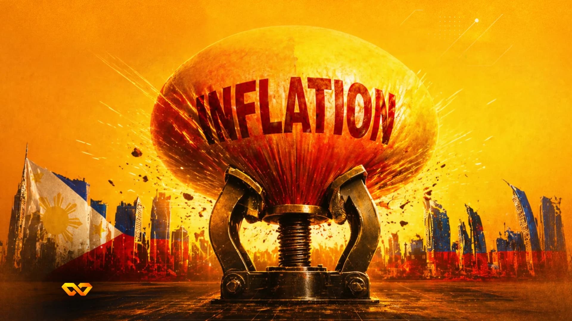 A large balloon labeled INFLATION being squeezed by a metal clamp against a ruined city and Philippine flags.