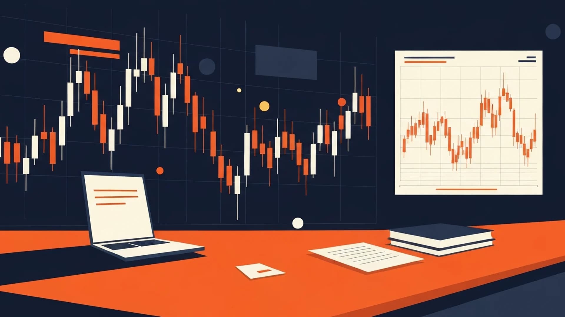 Stylized illustration of a trading desk with a laptop, books, and large candlestick charts in the background.