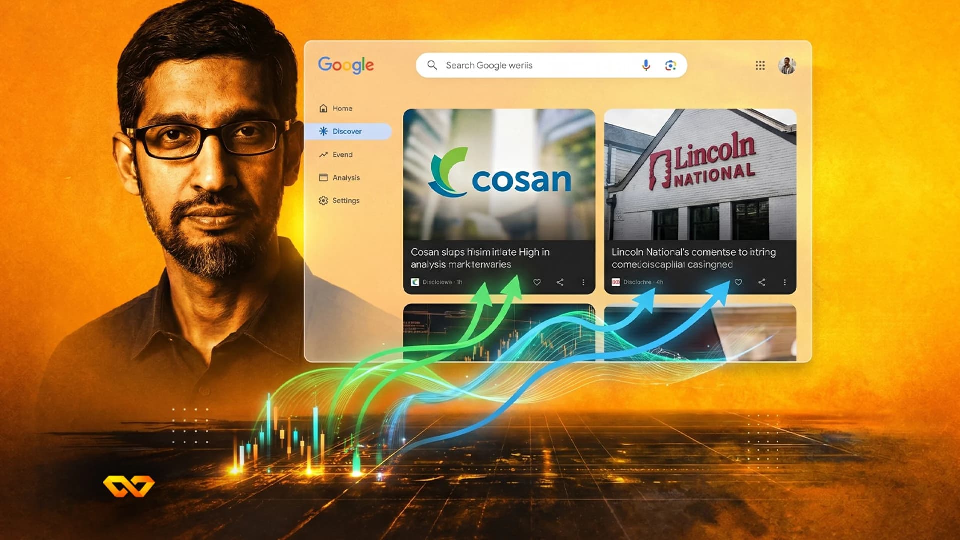 Sundar Pichai in glasses on an orange background, beside a Google Discover interface with news cards for Cosan and Lincoln National, and rising graphs.