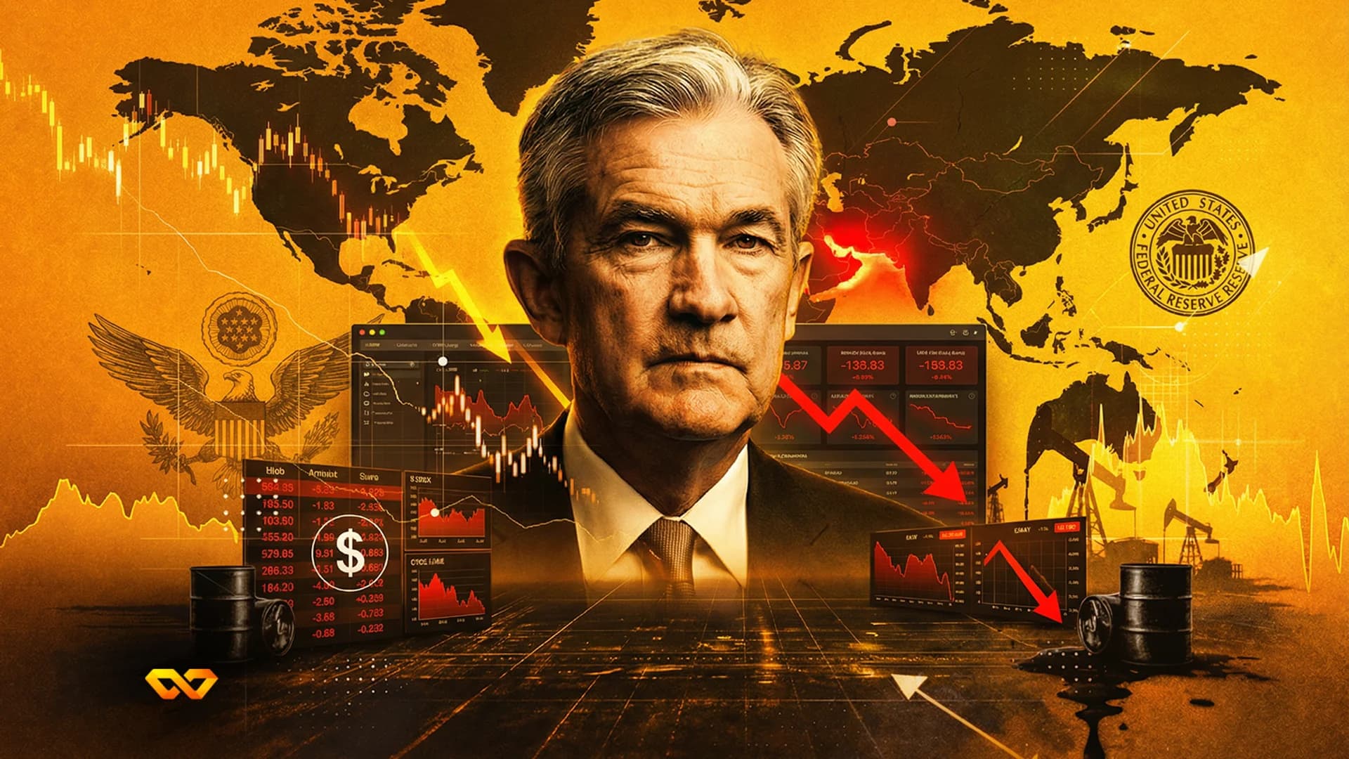 Portrait of Jerome Powell against a world map with financial charts, red downward arrows, oil barrels, and the Federal Reserve seal.