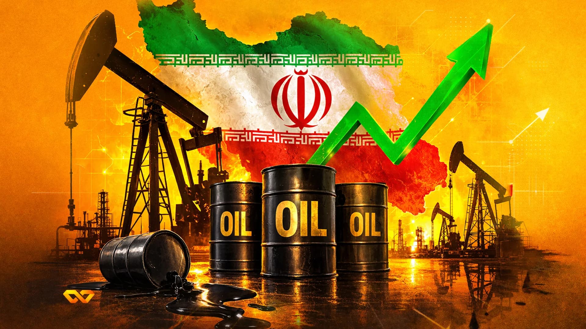 Oil derricks and barrels with spilled oil against a map of Iran overlaid with its flag and a green upward arrow on an orange background.