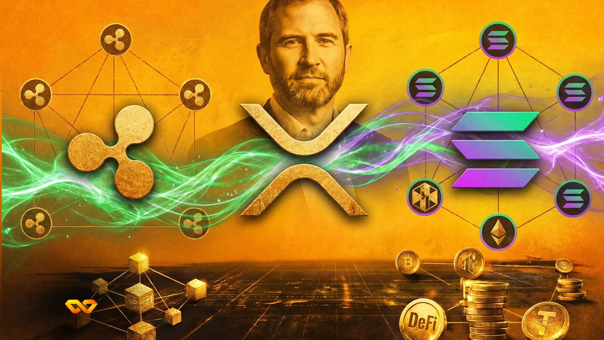 A man behind a large golden XRP logo, flanked by Ripple and Solana logos in networks. Bitcoin, DeFi, and Tether coins are at the bottom.