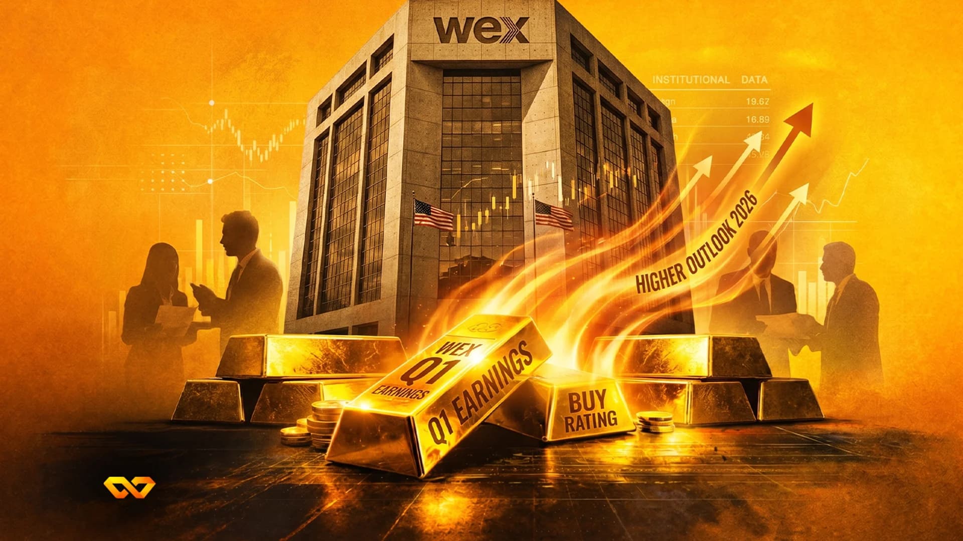 A building with a WEX logo, gold bars labeled Q1 earnings, and rising arrows on a textured orange background.