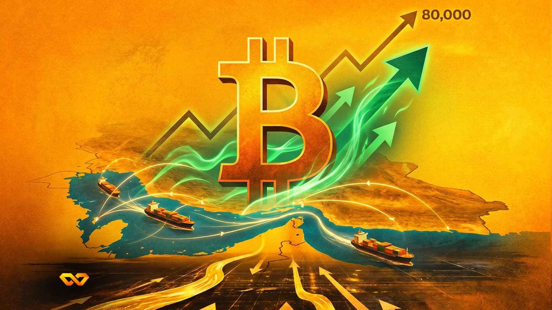 شعار بيتكوين ذهبي مع رسم بياني صاعد يظهر 80,000، أسهم خضراء، وسفن شحن على خريطة بطرق تجارية متوهجة.