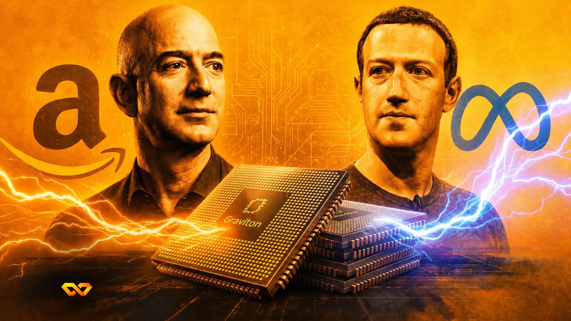Jensen Huang and Mark Zuckerberg stand in front of server racks with Nvidia and Meta logos, AI text, and glowing circuit patterns.