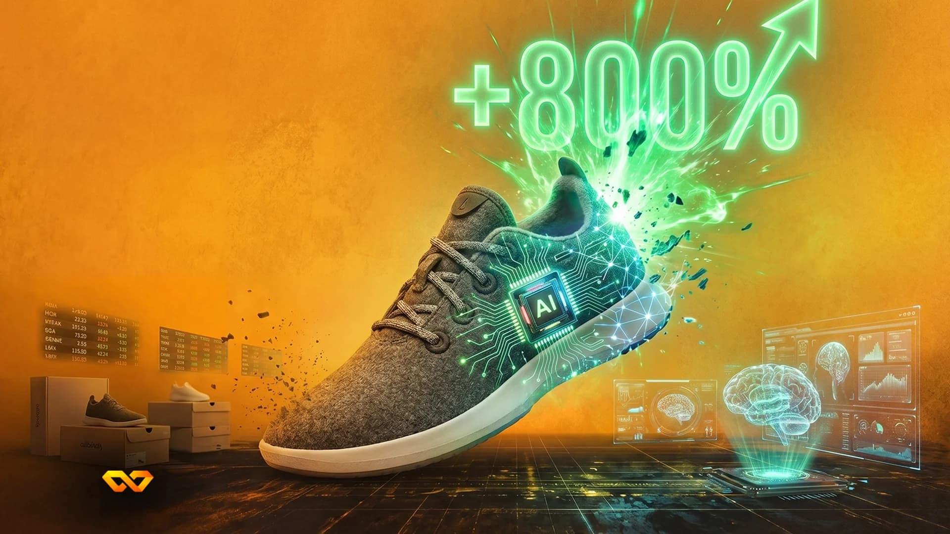 A grey sneaker with glowing green AI circuitry and an 'AI' chip, surrounded by green light. Stock data, holographic brains, and a '+800%' sign with an upward arrow are in the background. Shoe boxes ar