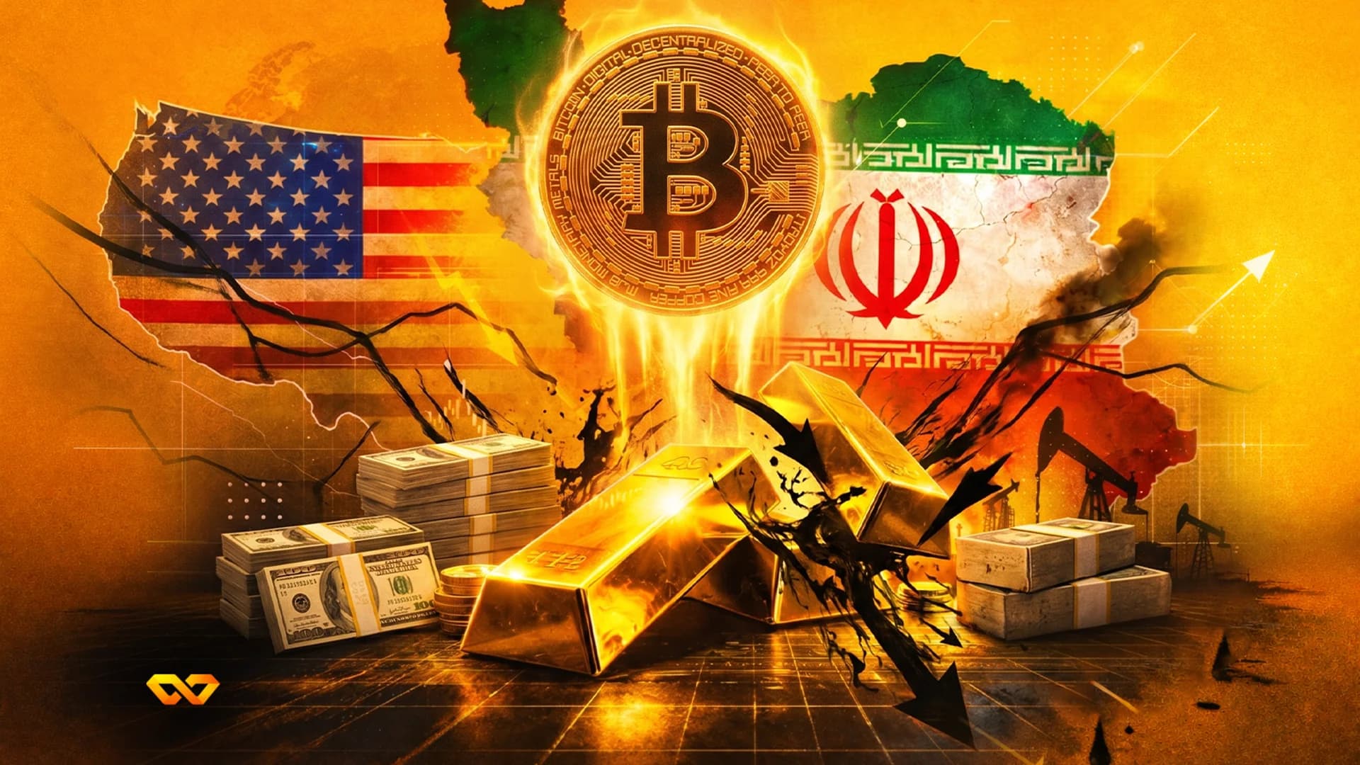 عملات بيتكوين ذهبية، رسوم بيانية رقمية، وأسهم خضراء صاعدة على خلفية خريطة عالمية برتقالية، تصور نمو العملات المشفرة.