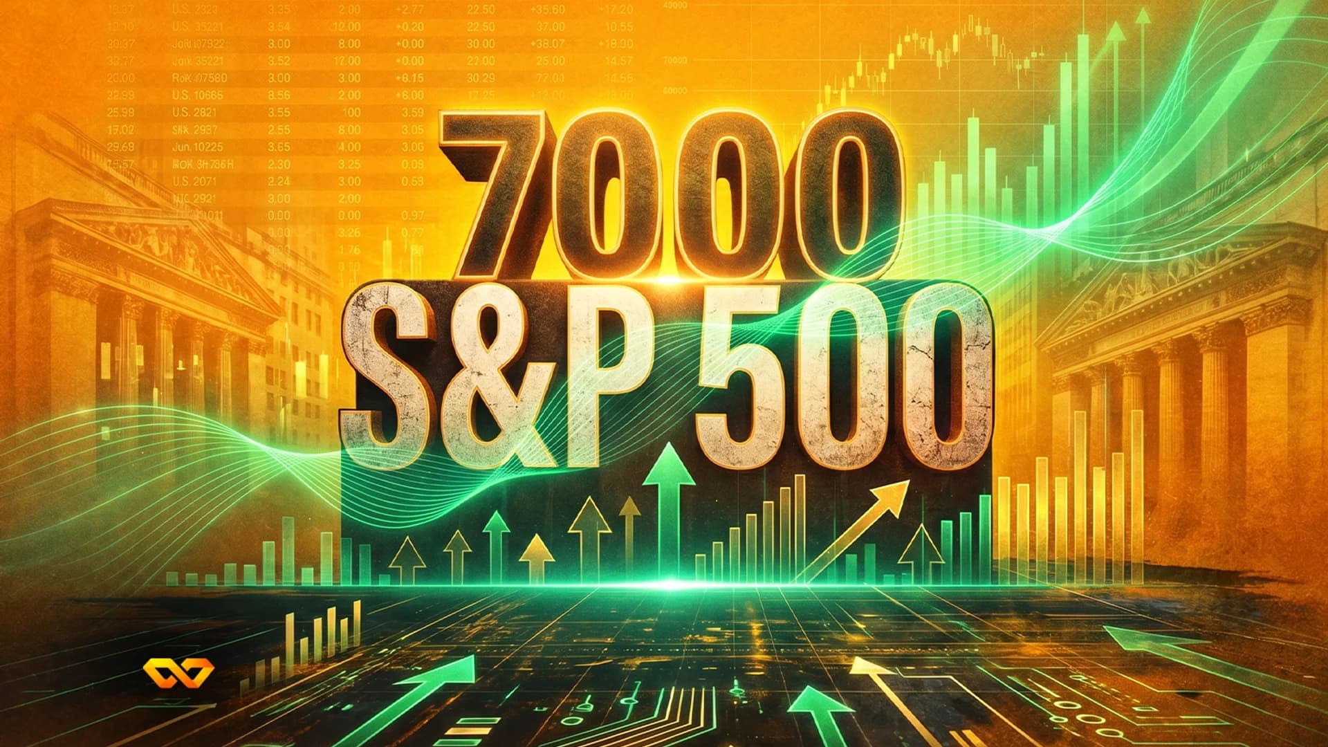 Large '7000 S&P 500' text over a background of financial charts, classical buildings, and glowing green upward arrows. The scene is dominated by gold and green tones.
