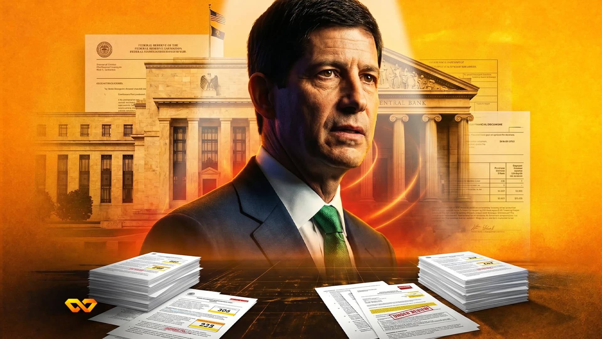Kevin Warsh in a suit and green tie stands before Federal Reserve buildings and documents. Stacks of papers with financial data and a NEAR logo are in the foreground. A US flag is visible.