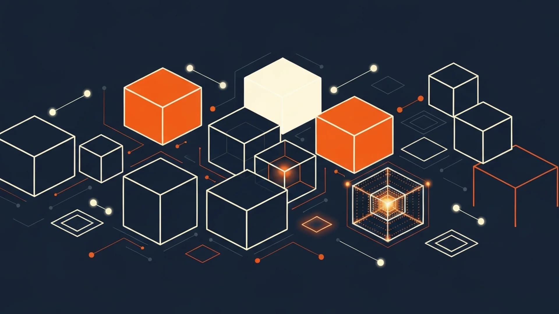 Abstract 3D cubes in orange, white, and wireframe connected by lines on a dark blue background.