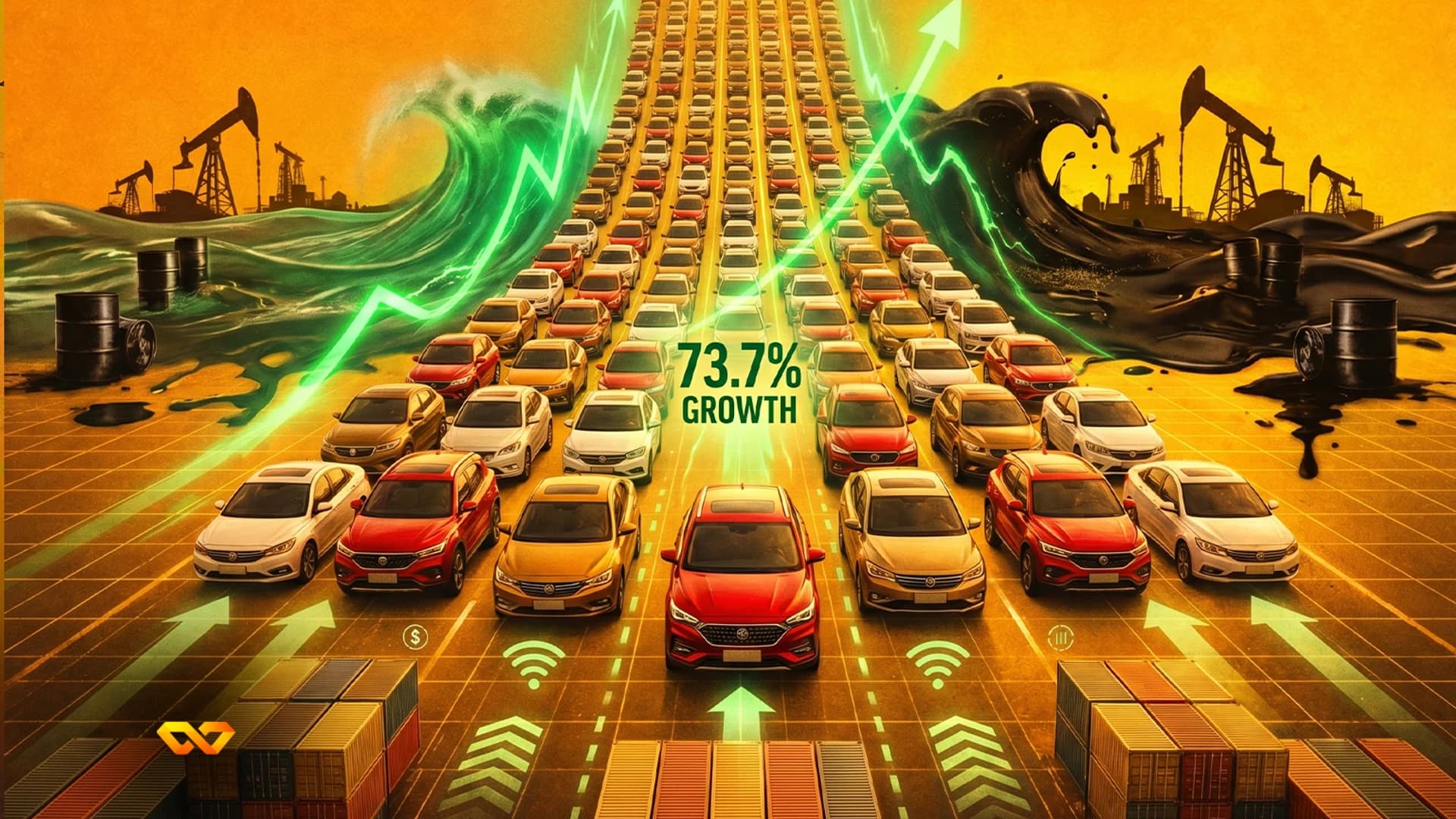A vast traffic jam of cars on a grid road, with oil derricks, barrels, and oil spills under an orange sky. Green growth arrows and '73.7% GROWTH' text are visible. Shipping containers are at the botto