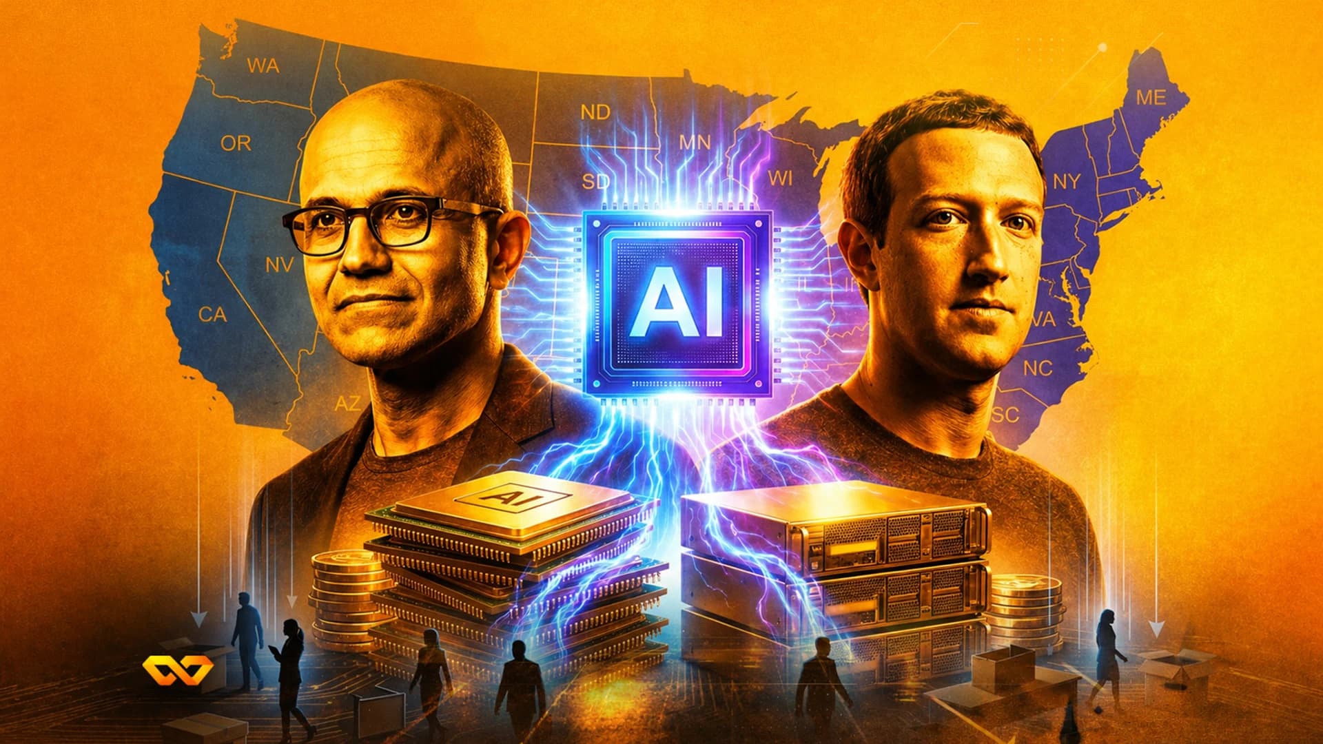 Mark Zuckerberg and Aart de Geus with Meta and Synopsys logos, AI chips, silicon wafers, and data center equipment.