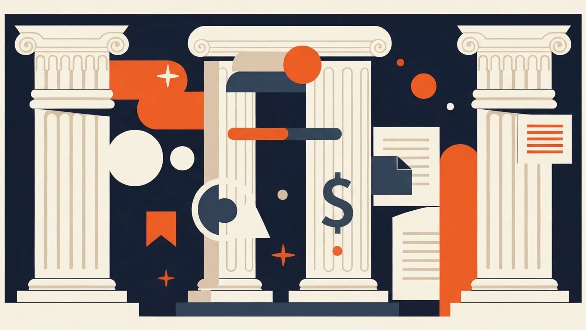 Stylized illustration of classical columns, a dollar sign, and abstract geometric shapes in cream, blue, and orange.