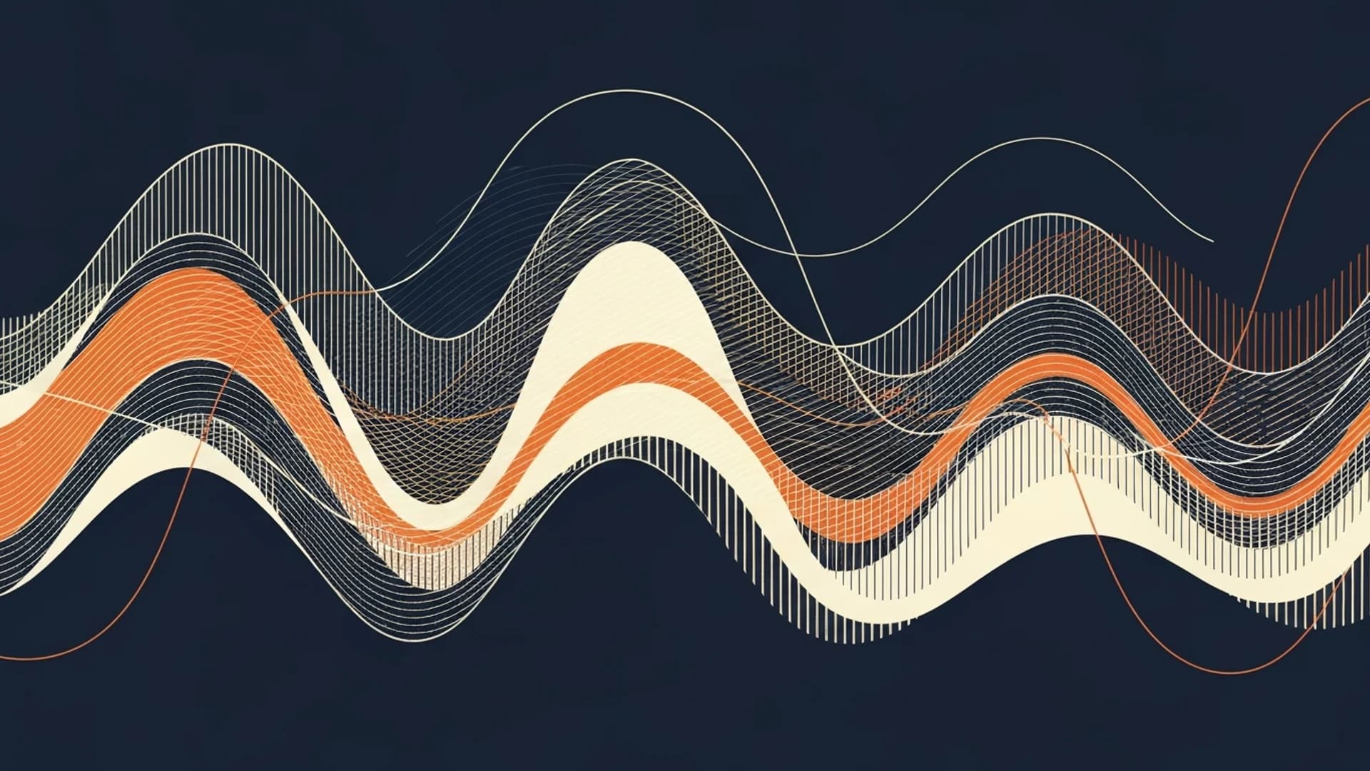 Abstract wavy lines in orange, cream, and white over a dark blue background.