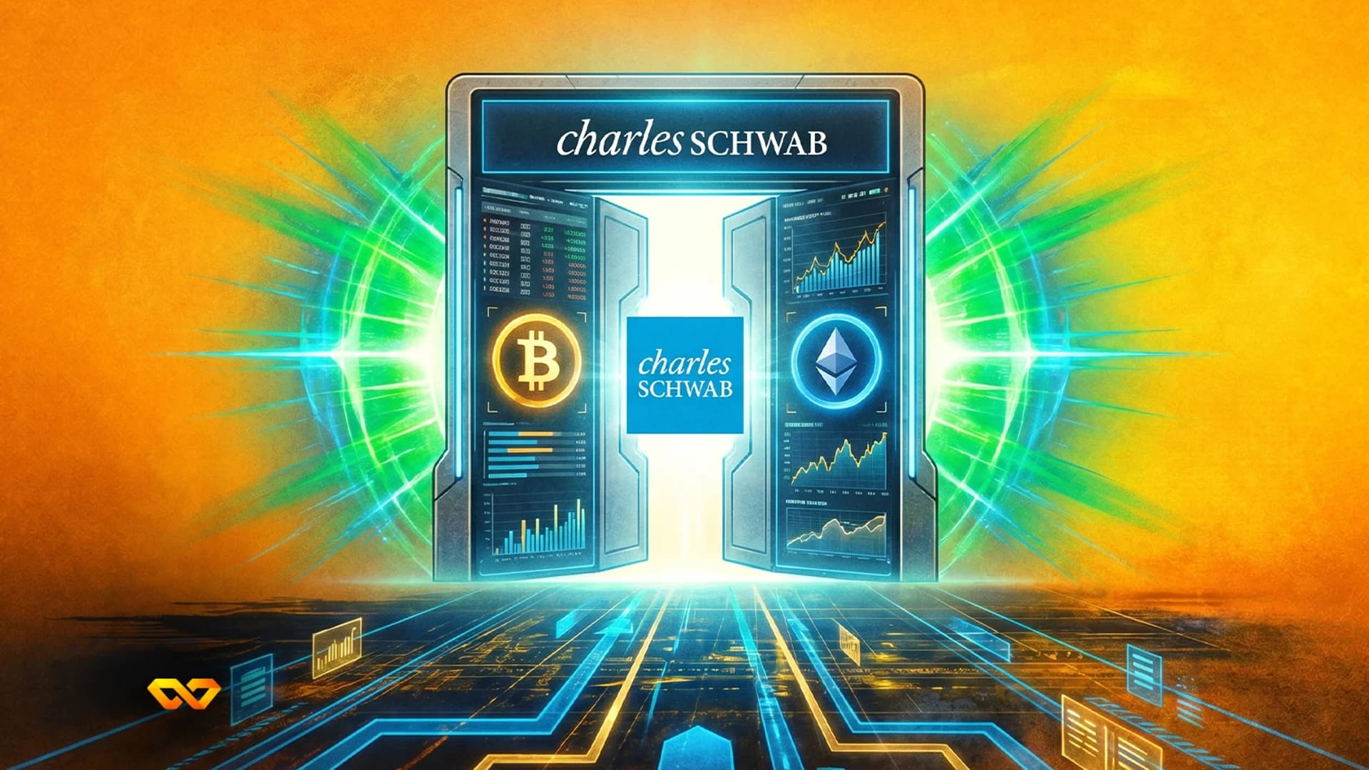 A digital portal with "Charles Schwab" branding, showing Bitcoin and Ethereum logos with charts on screens, set against a glowing digital background.