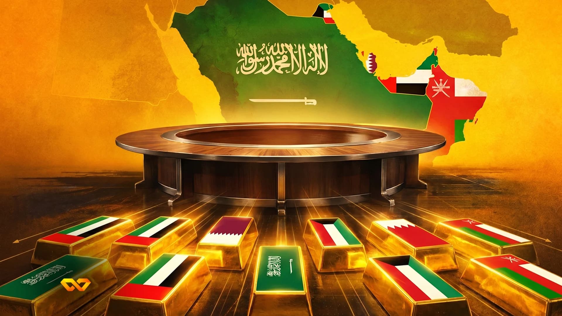 Gold bars with GCC flags in front of a round table and a map of the Arabian Peninsula.
