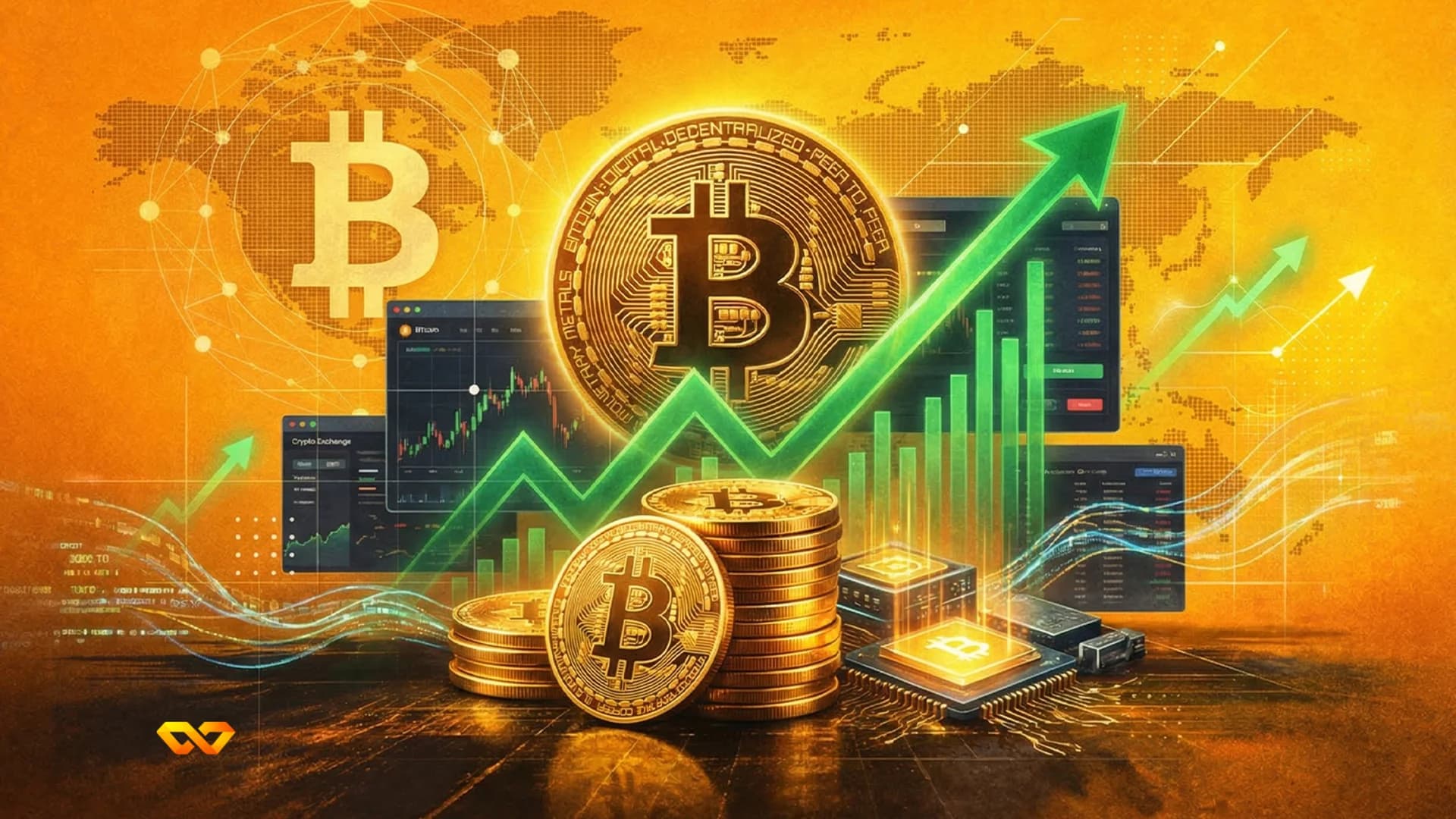 Golden Bitcoin coins, digital charts, and upward green arrows on an orange world map background, depicting crypto growth.
