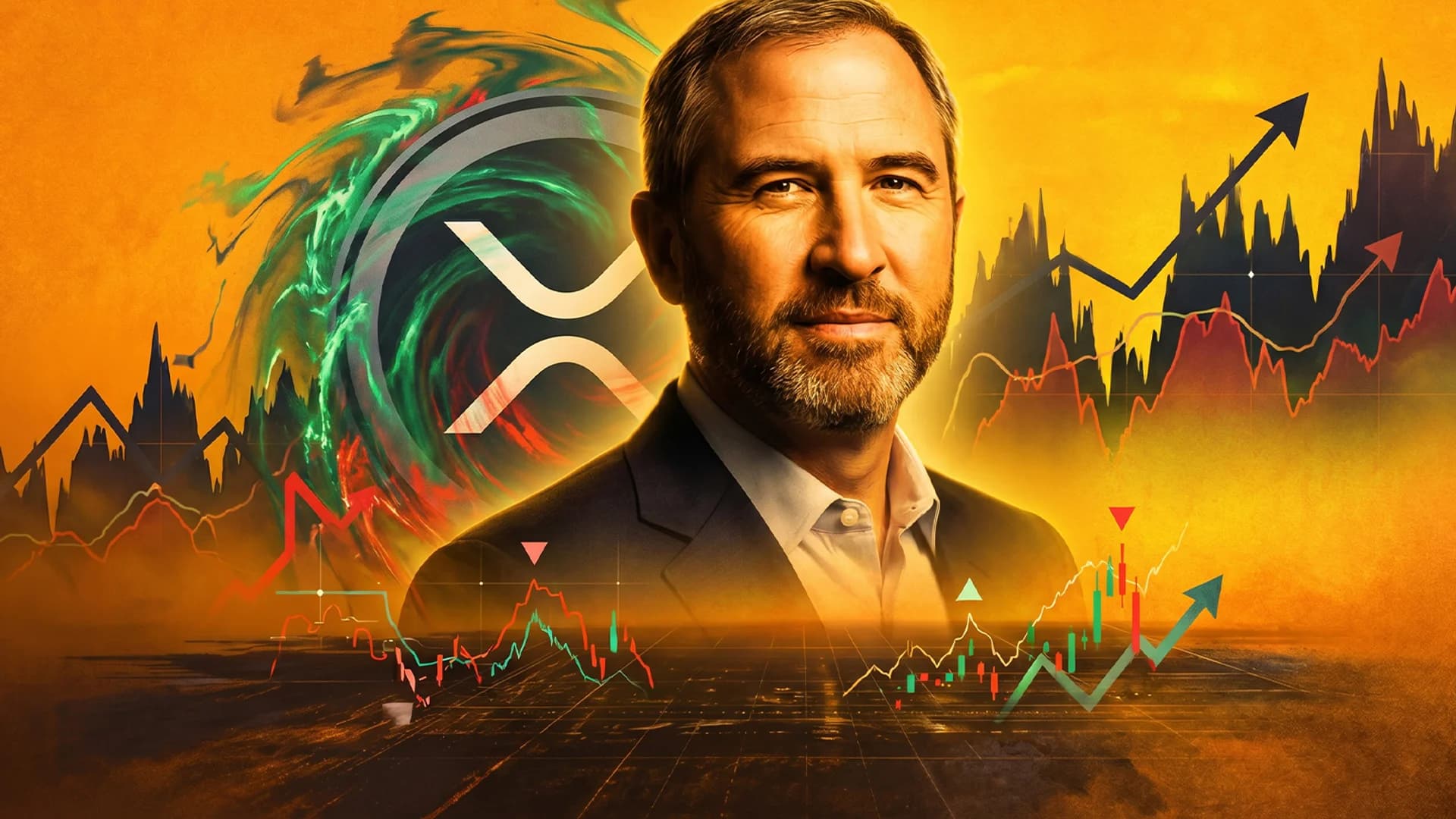A man with a beard in a suit against an orange background with the XRP logo and various financial charts showing market trends.