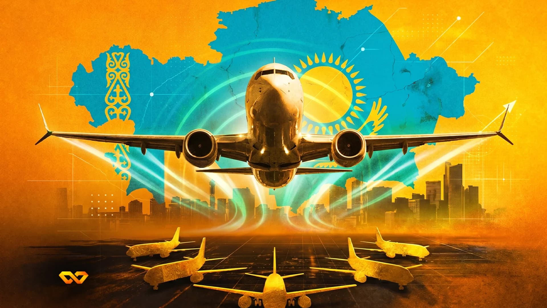 Digital illustration of a large airplane flying over a map of Kazakhstan with smaller golden planes on a runway.