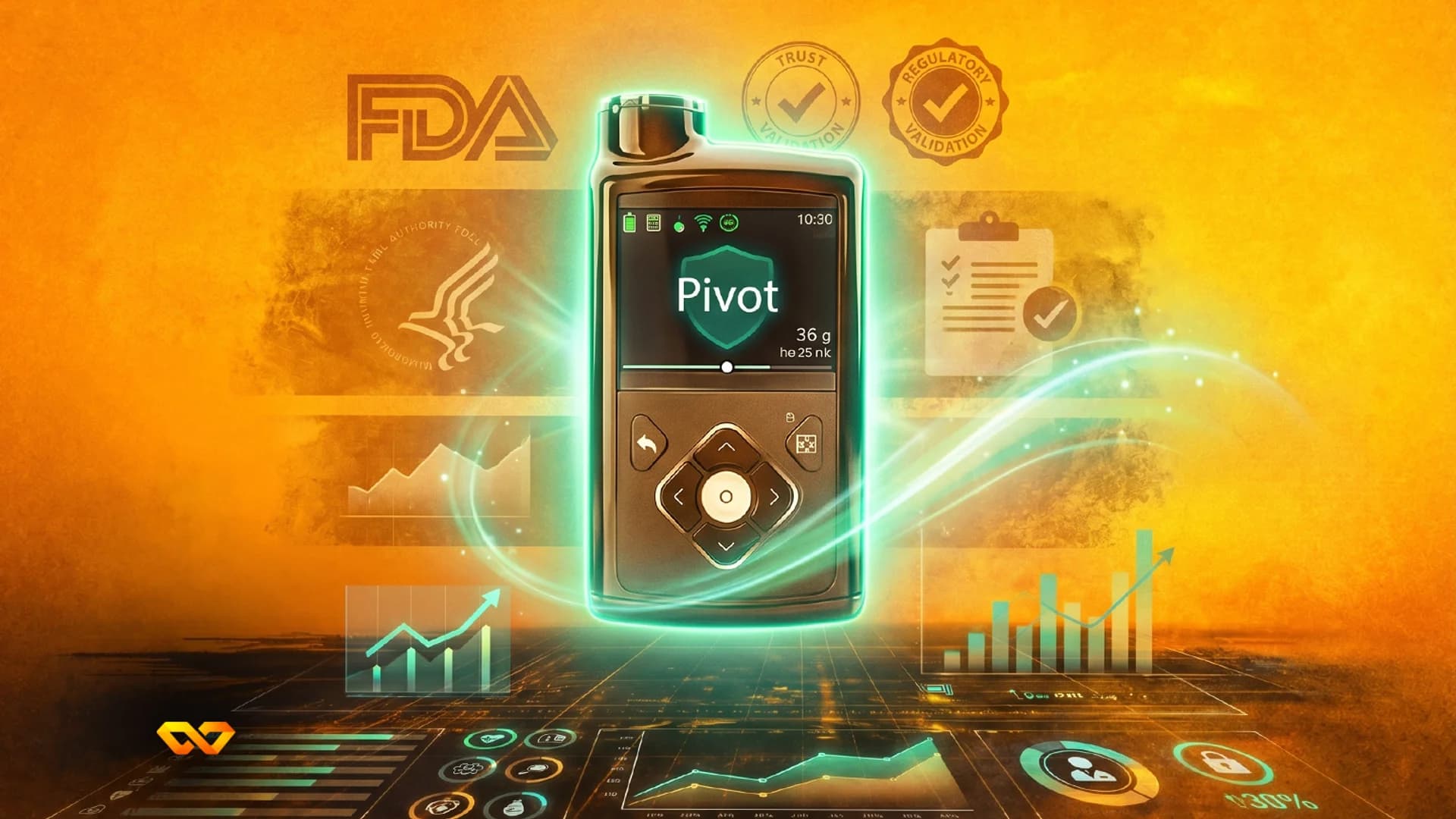 A medical device with a screen displaying 'Pivot' and data, glowing green, against an orange background with faded FDA, HHS, and validation logos, plus digital charts.