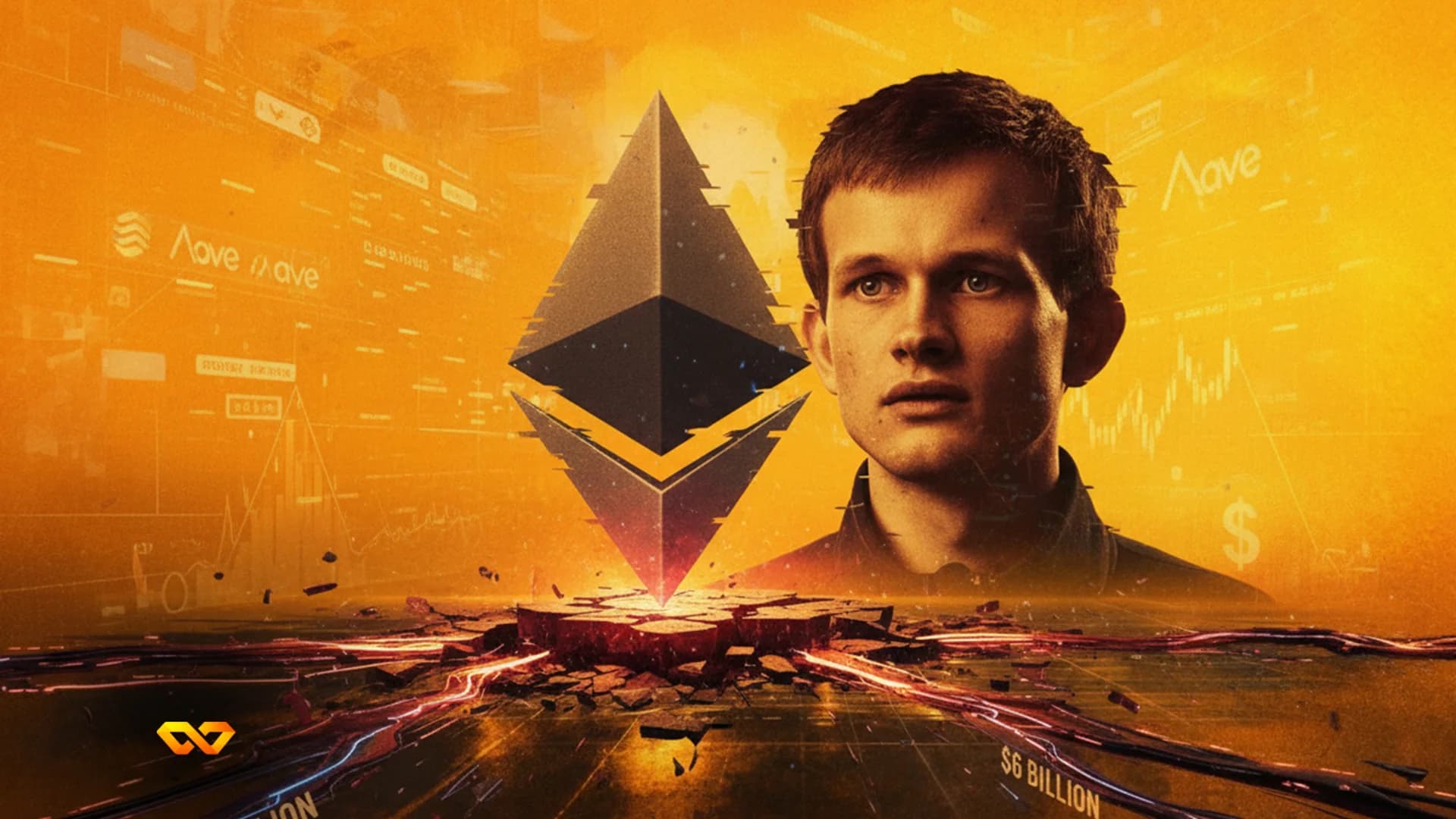 Digital illustration of cryptocurrency market downturn with a large Ethereum coin, Bitcoin and Solana logos, multiple charts showing losses, a red downward arrow, and scattered crypto coins.