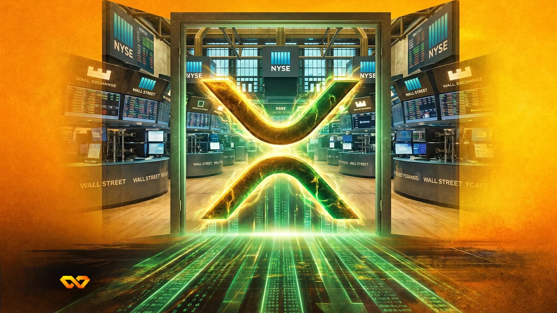 A glowing golden-green XRP logo stands in the center of a bustling stock exchange floor with NYSE signs and screens displaying financial data. Green digital lines emanate from the logo.
