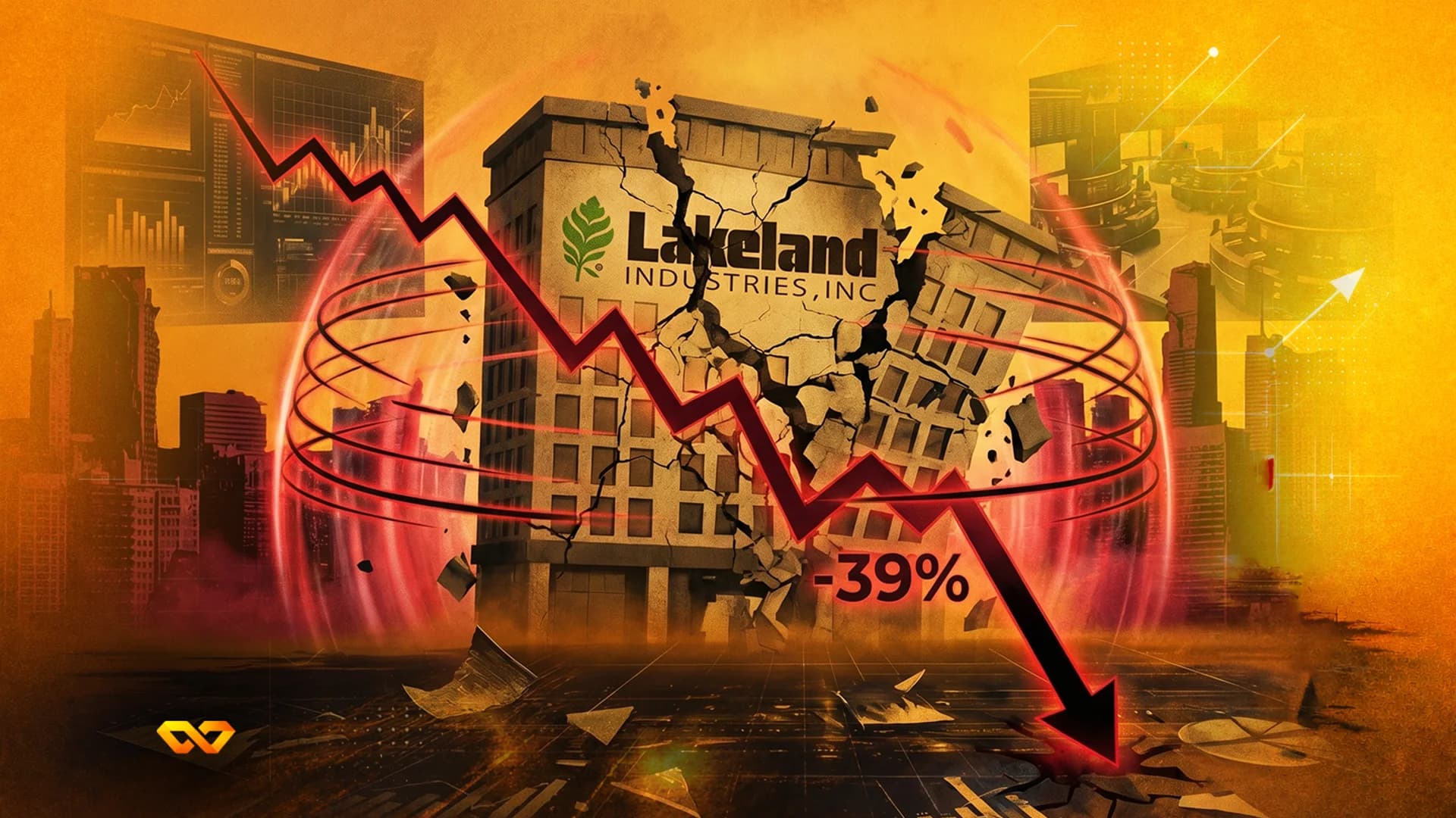 A cracked building with "Lakeland INDUSTRIES, INC" logo, surrounded by a red glow, with a red downward stock chart showing -39%. Cityscape and financial graphs are in the background.