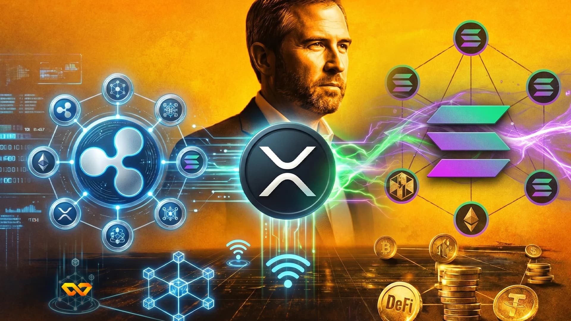 A man in a suit stands behind a large XRP logo, surrounded by a digital network of cryptocurrency symbols including Solana, Ethereum, and Bitcoin, with lightning bolts and gold coins.