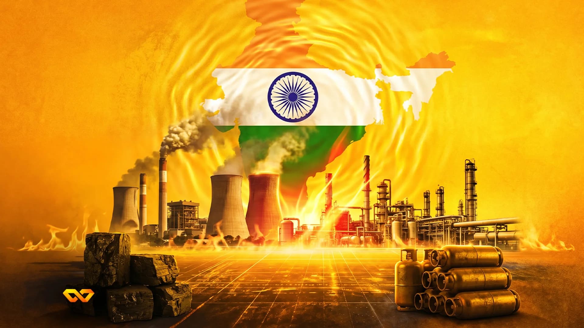 Map of India with flag above an industrial scene featuring power plants, a refinery, coal, and gas cylinders.