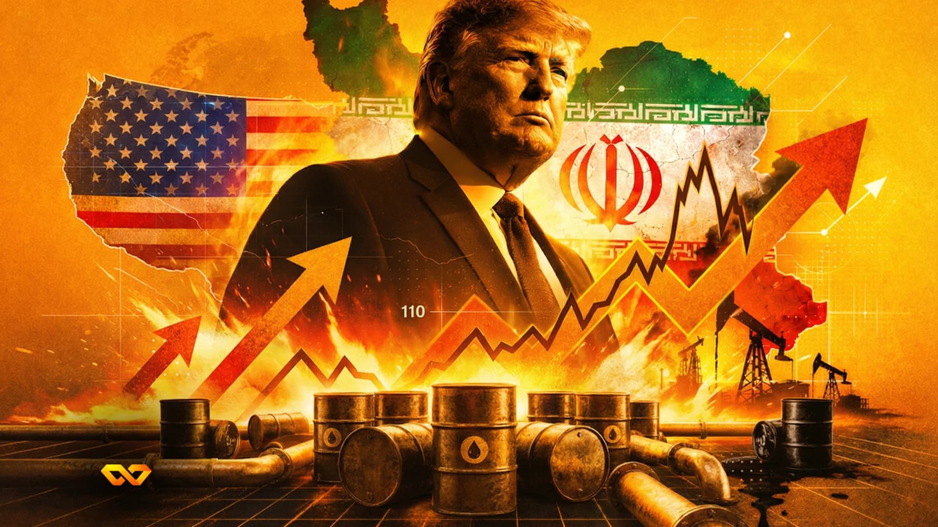 Donald Trump, US and Iran maps, oil barrels, pipelines, derricks, and rising charts with fire and arrows.