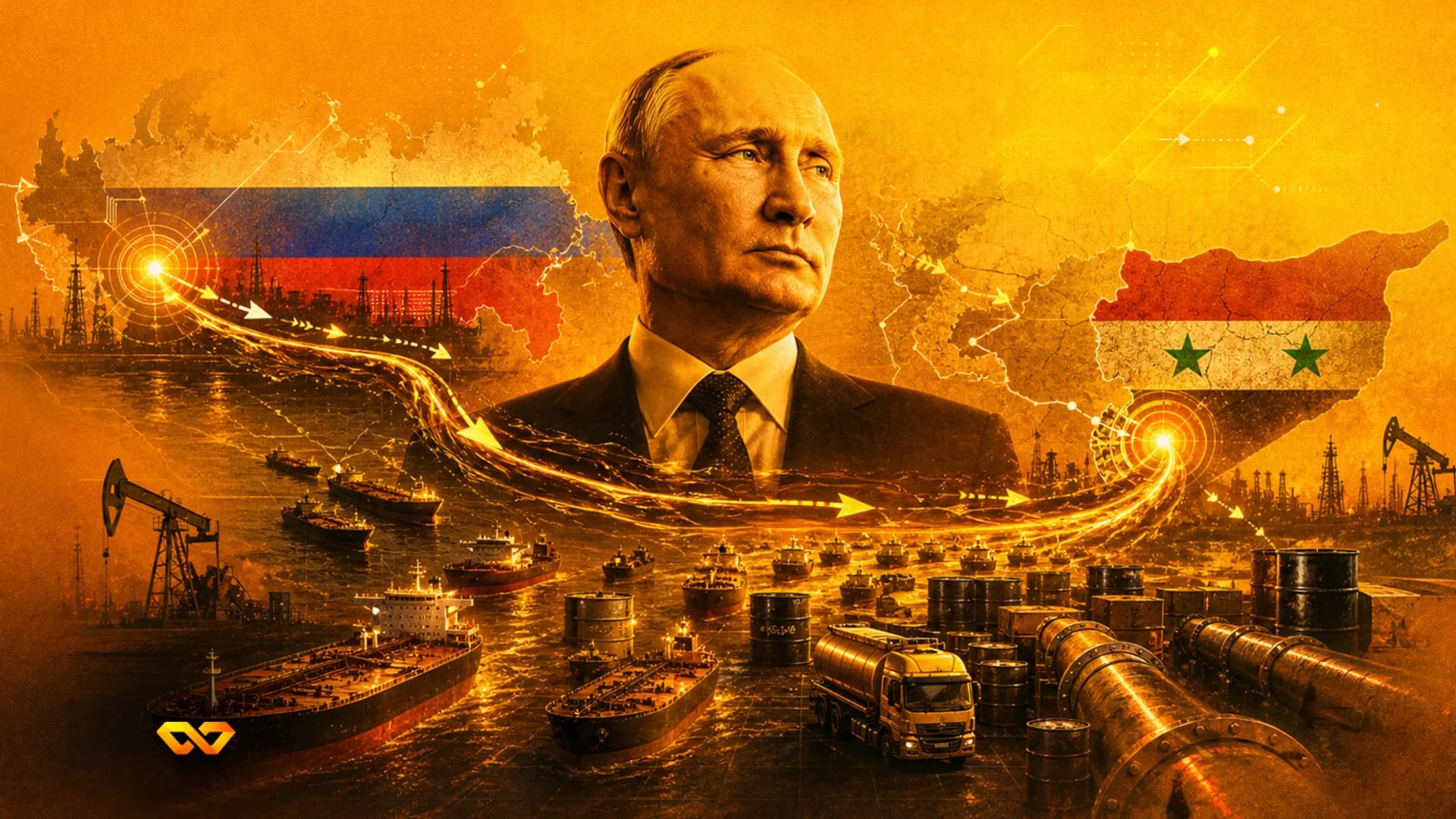 Portrait of Vladimir Putin between maps of Russia and Syria, with oil tankers, pipelines, and rigs below.