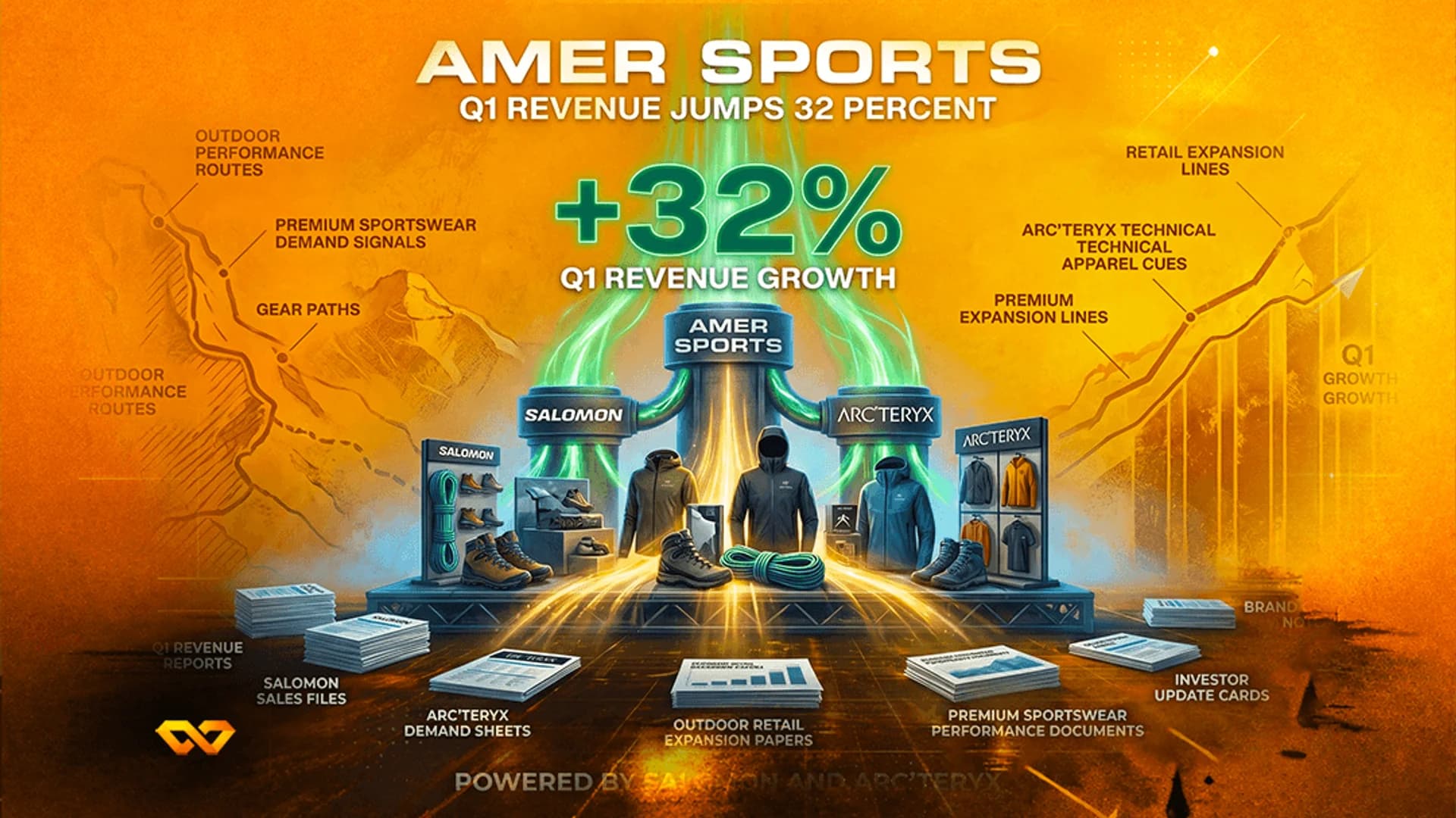 Infographic for Amer Sports Q1 revenue growth featuring Salomon and Arc'teryx gear on a glowing platform.