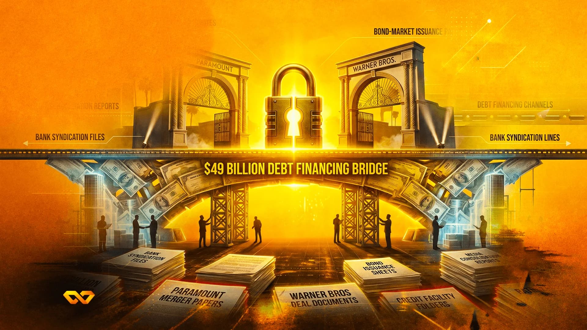 A bridge made of dollar bills connects Paramount and Warner Bros. gates under a large golden padlock.