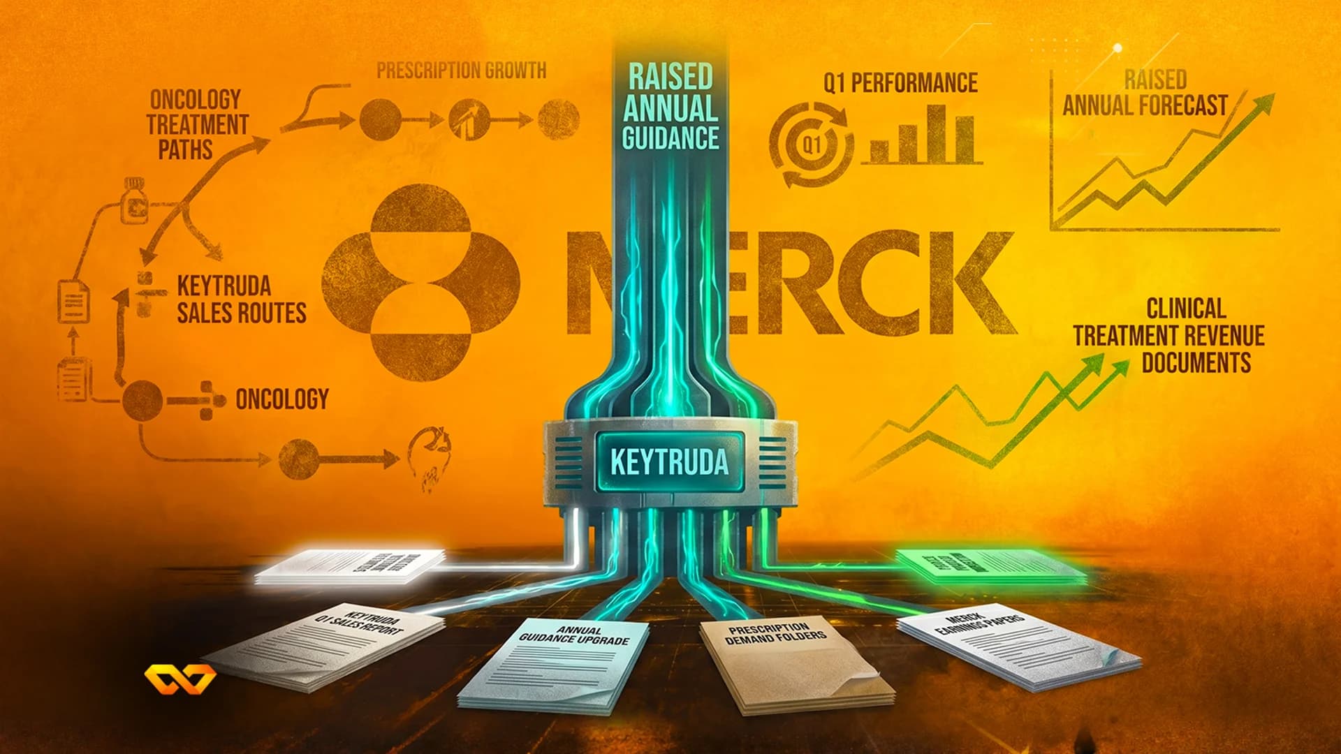 Illustration of Merck logo and Keytruda name with financial charts and documents on a textured orange background.