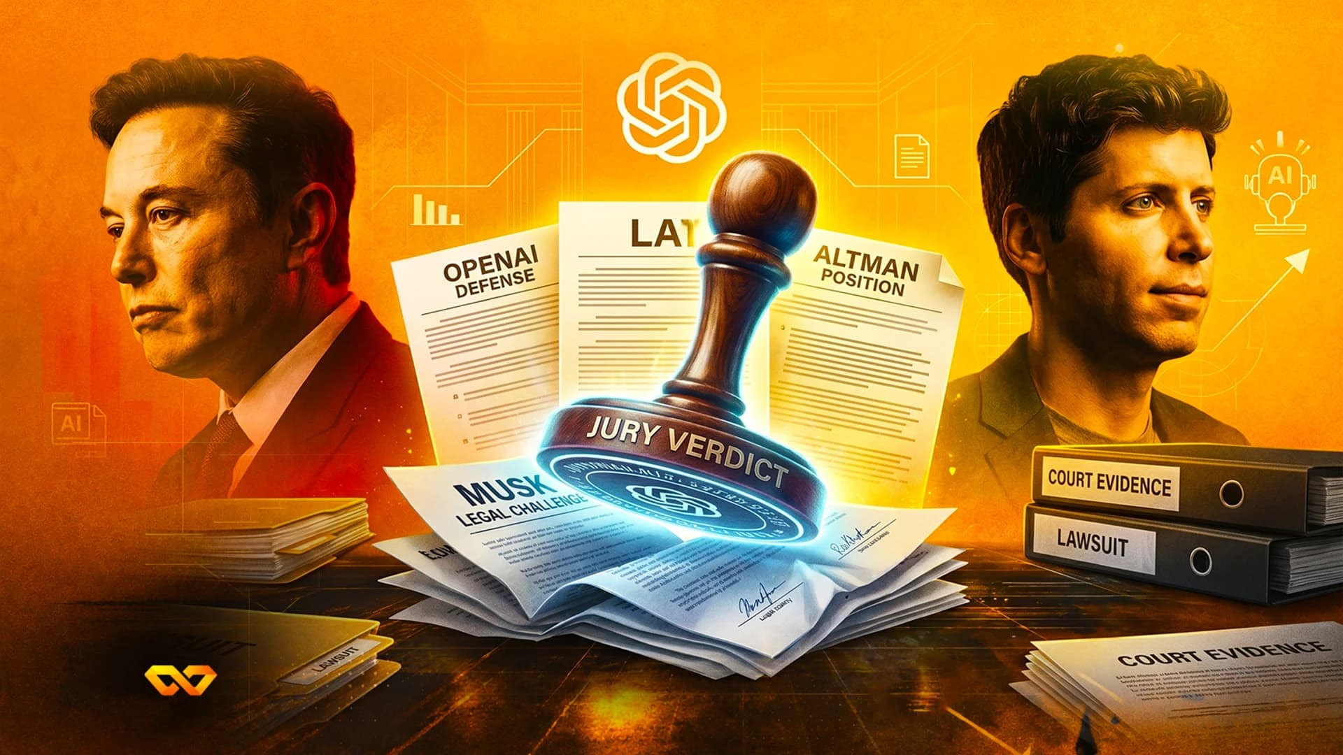 Illustration of Elon Musk and Sam Altman with a jury verdict stamp, OpenAI logo, and legal papers on orange.