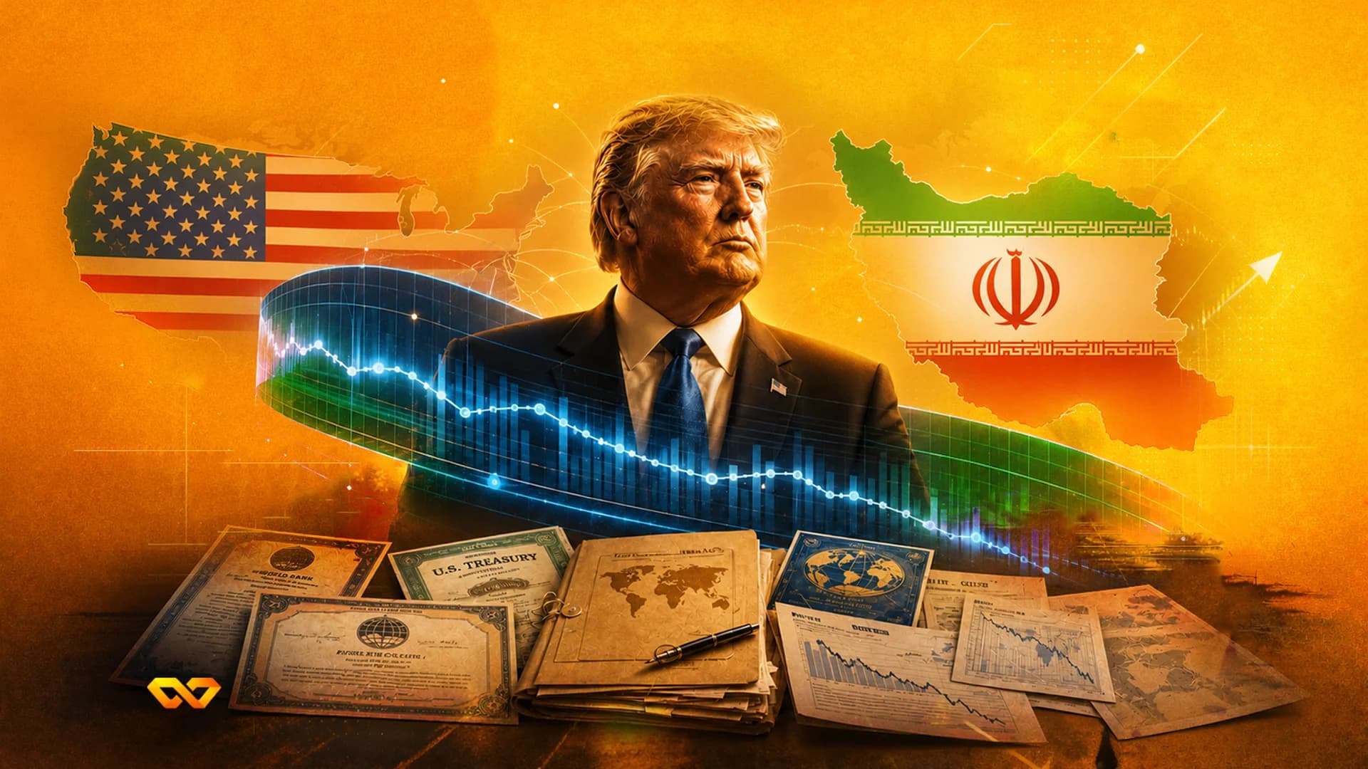 Donald Trump portrait with US and Iran flags, financial charts, and Treasury documents on a textured orange background.