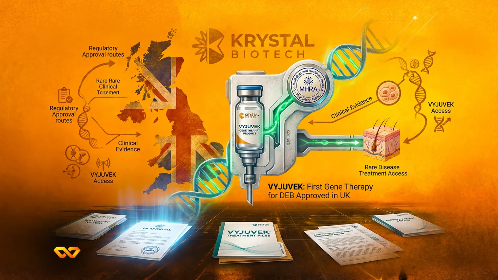 Krystal Biotech VYJUVEK gene therapy vial, UK map with Union Jack, DNA helix, and MHRA logo on orange background.
