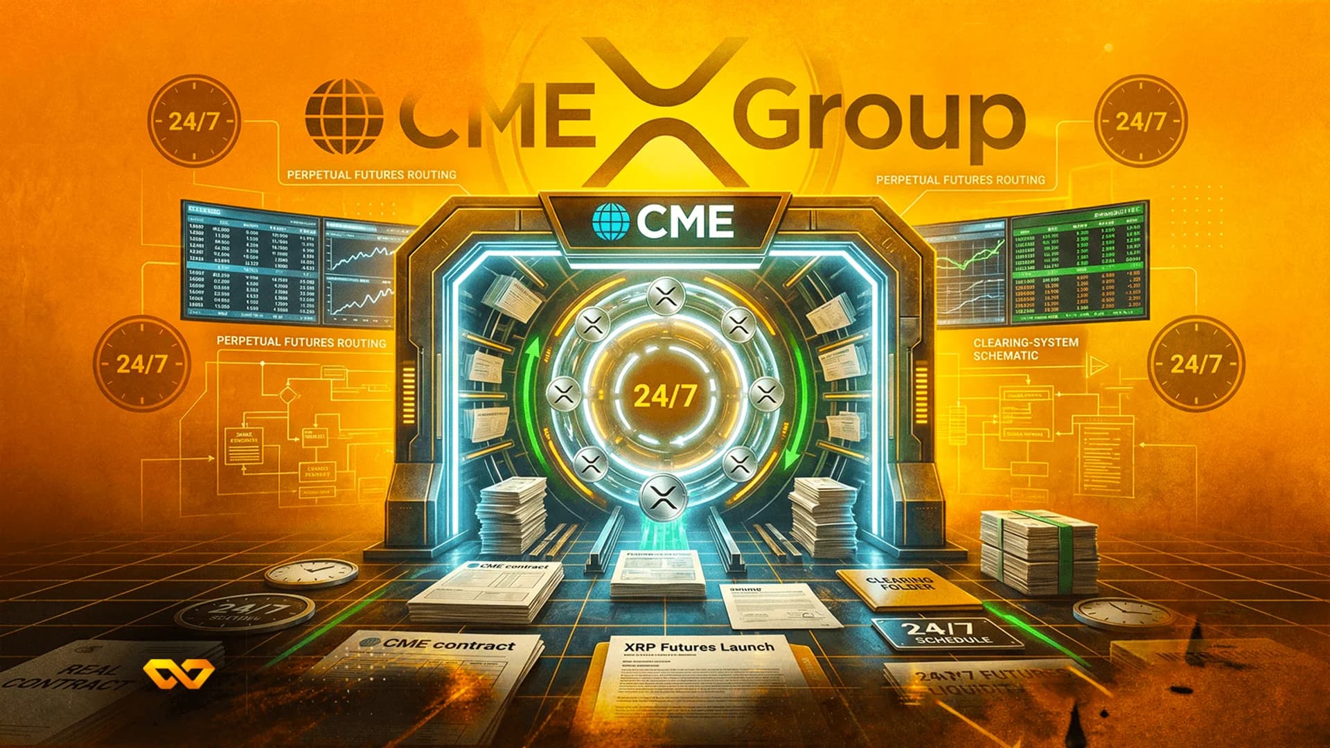 Futuristic portal with XRP logos and CME Group branding surrounded by financial charts and paper contracts.
