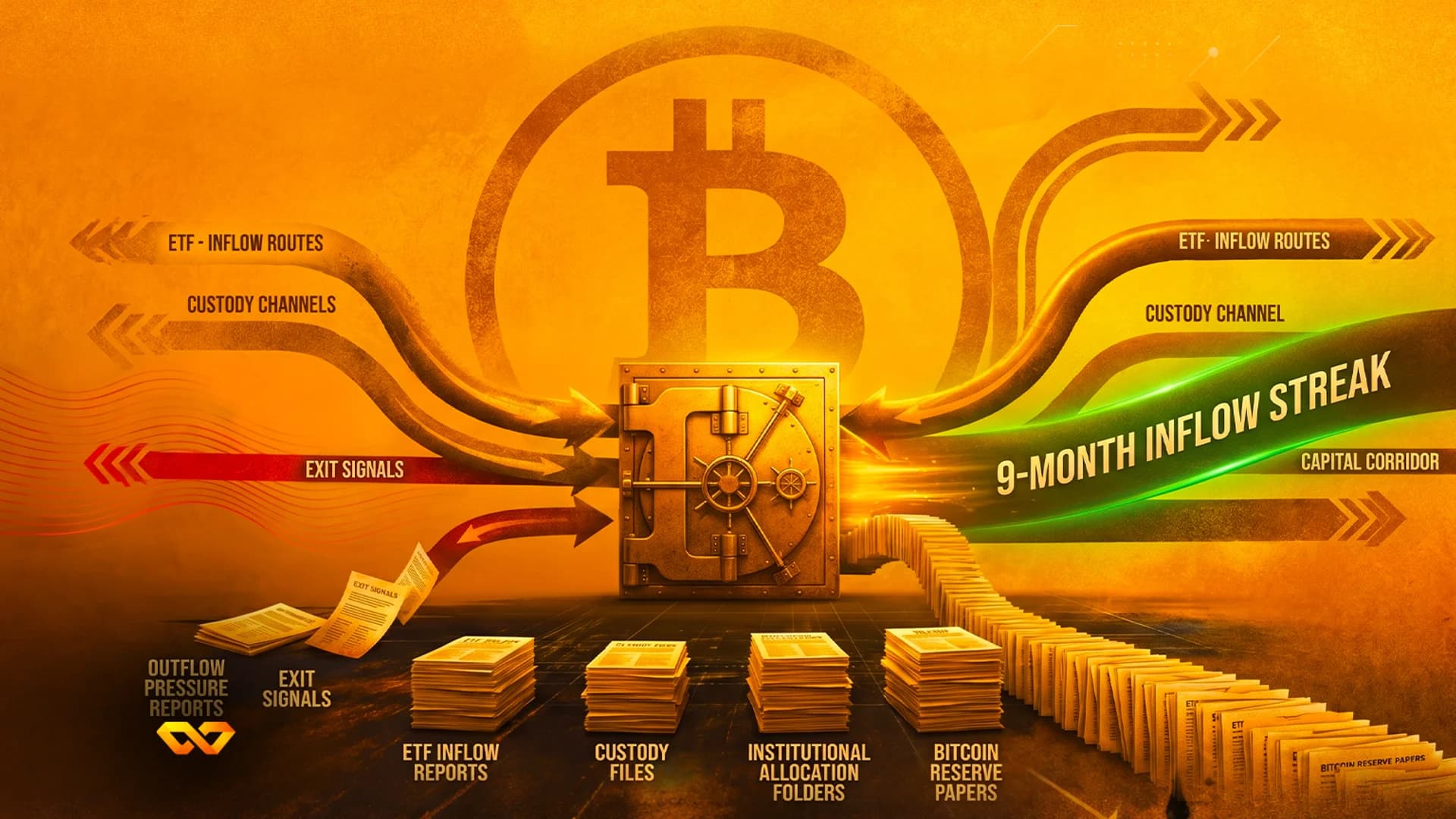 Stylized golden vault with a Bitcoin logo background, featuring arrows and stacks of financial reports.