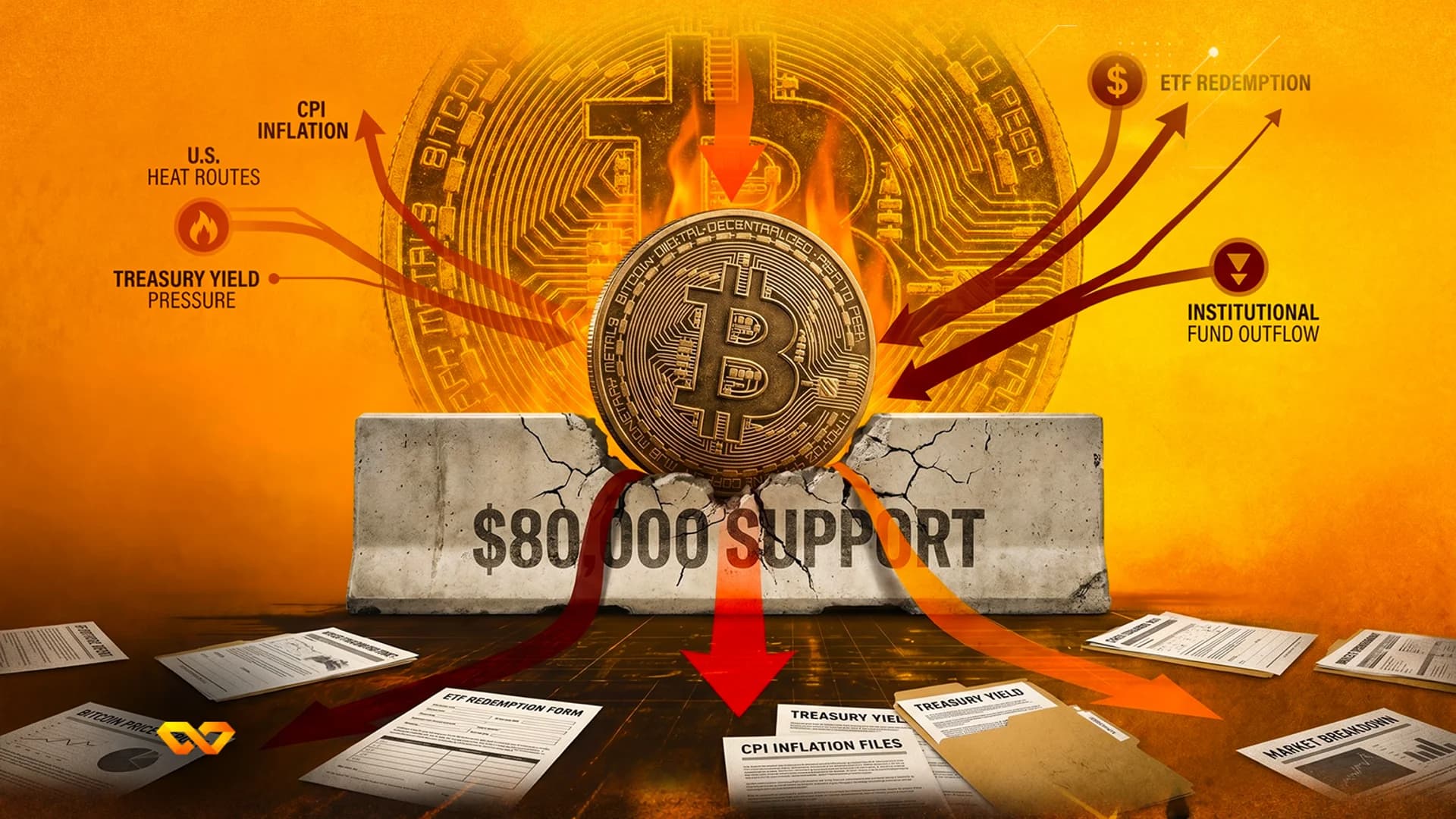 A burning Bitcoin coin sits on a cracked concrete barrier labeled $80,000 SUPPORT amidst financial documents.