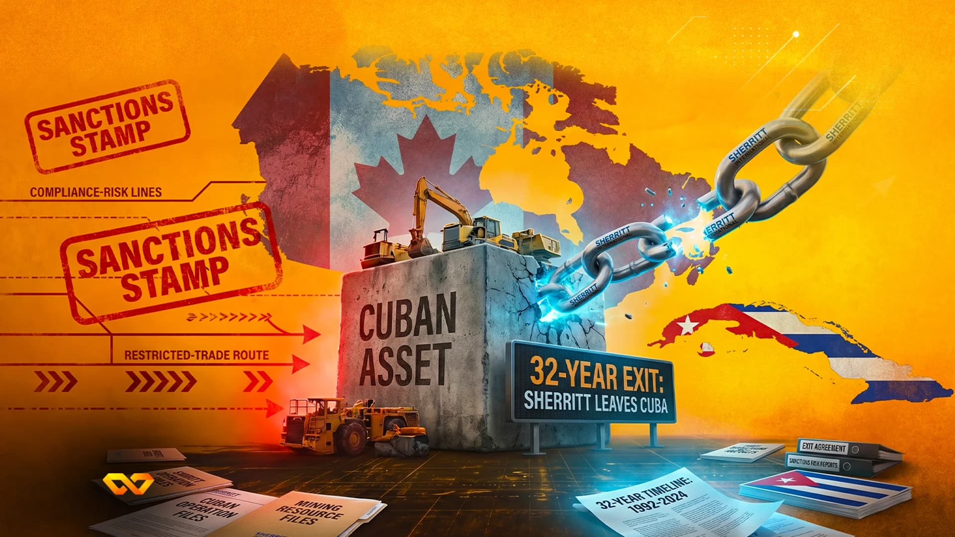 Illustration of a broken chain between Canada and Cuba maps, a concrete block labeled Cuban Asset, and mining gear.