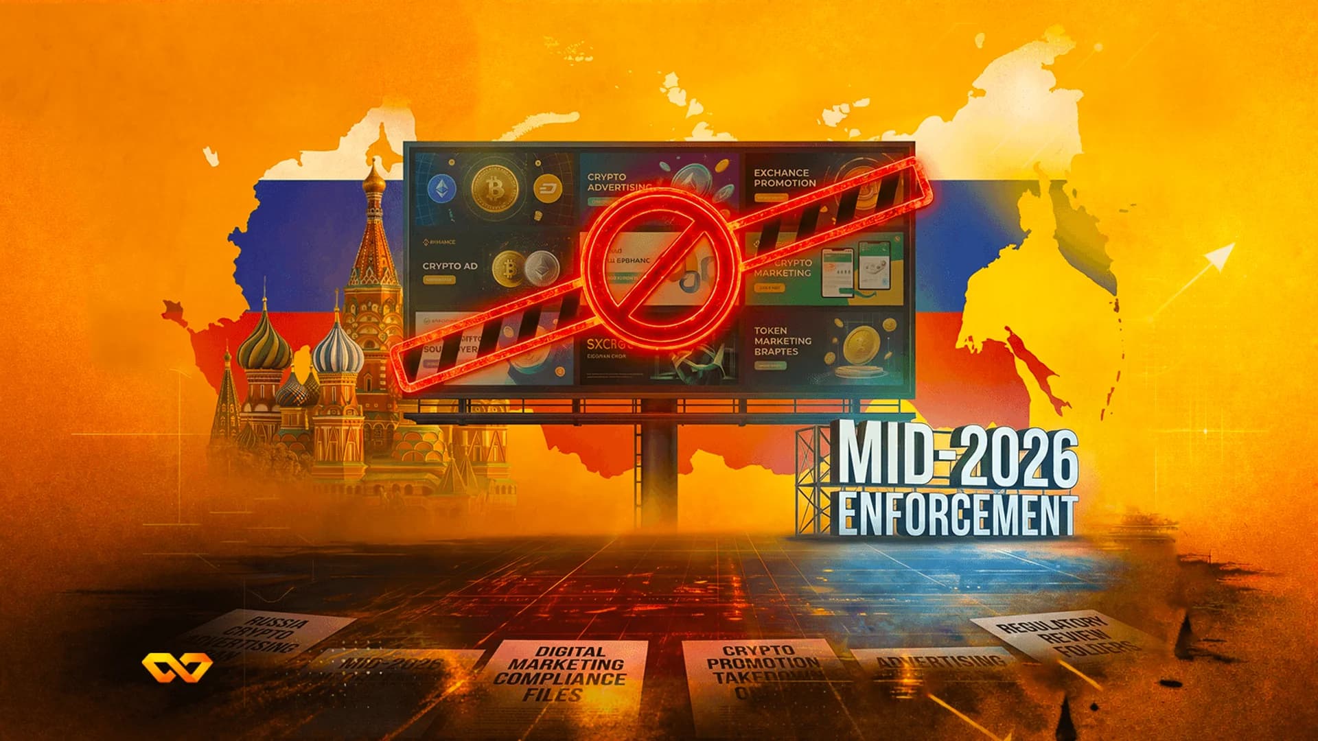 Billboard with crypto ads under a red prohibition sign, set against a Russian flag map and Saint Basil's Cathedral.