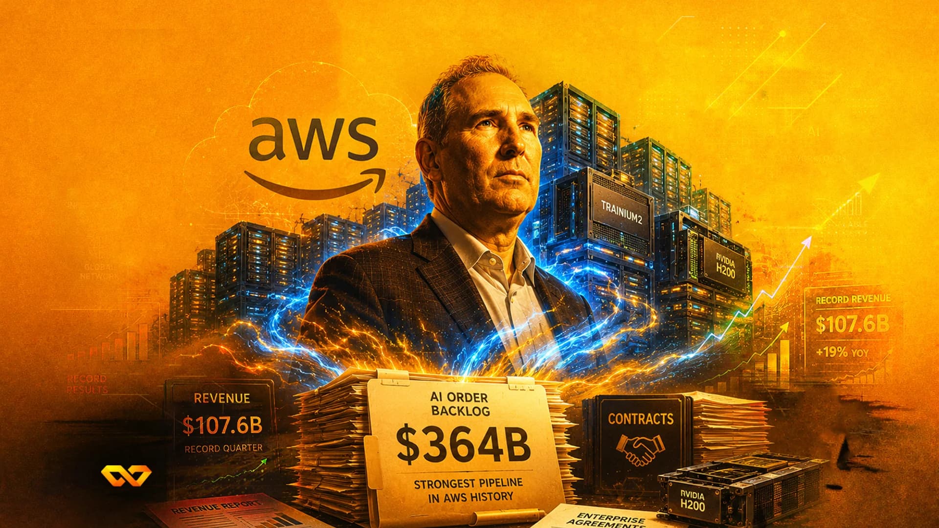 Digital illustration of Andy Jassy with AWS logo, data centers, and financial charts on an orange background.