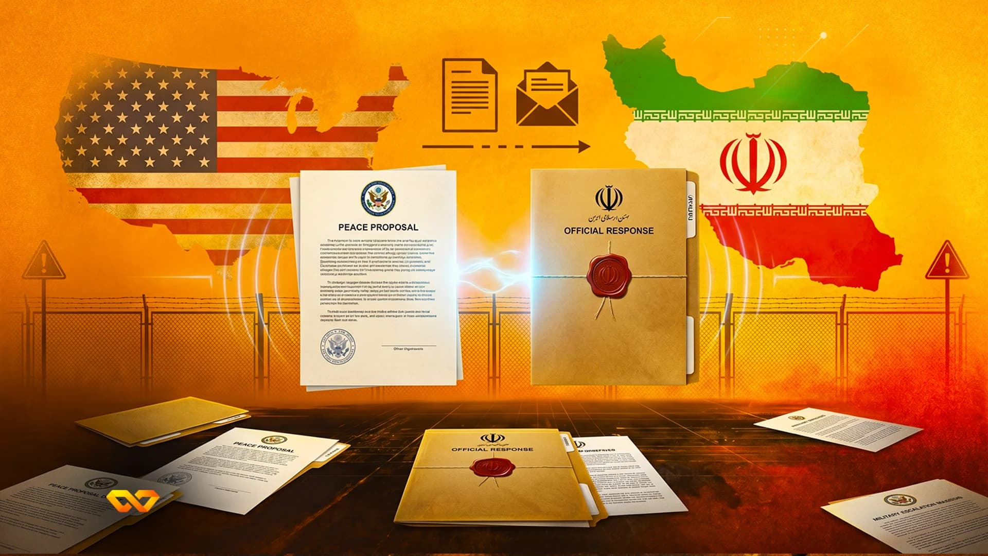 Illustration of a US peace proposal document and an Iranian official response folder between maps of both countries.