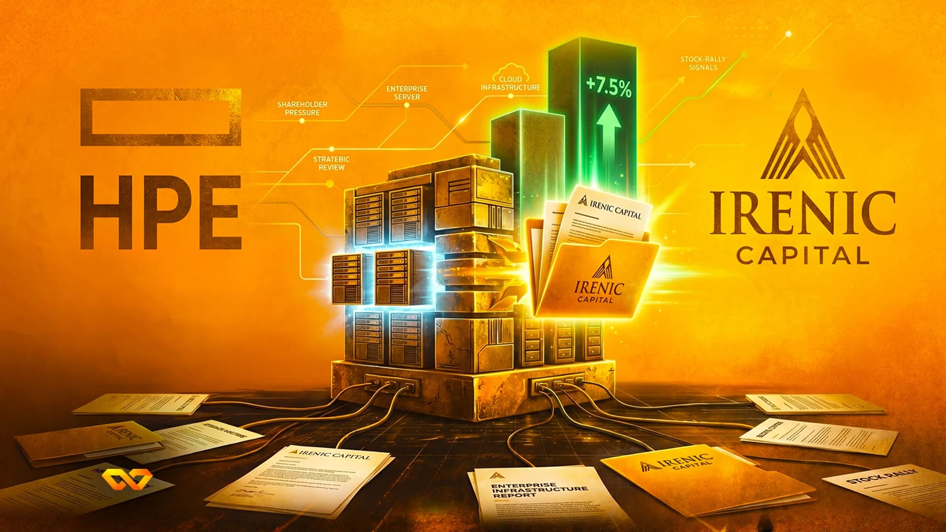 HPE and Irenic Capital logos flanking a central server tower with rising bar charts and scattered documents.