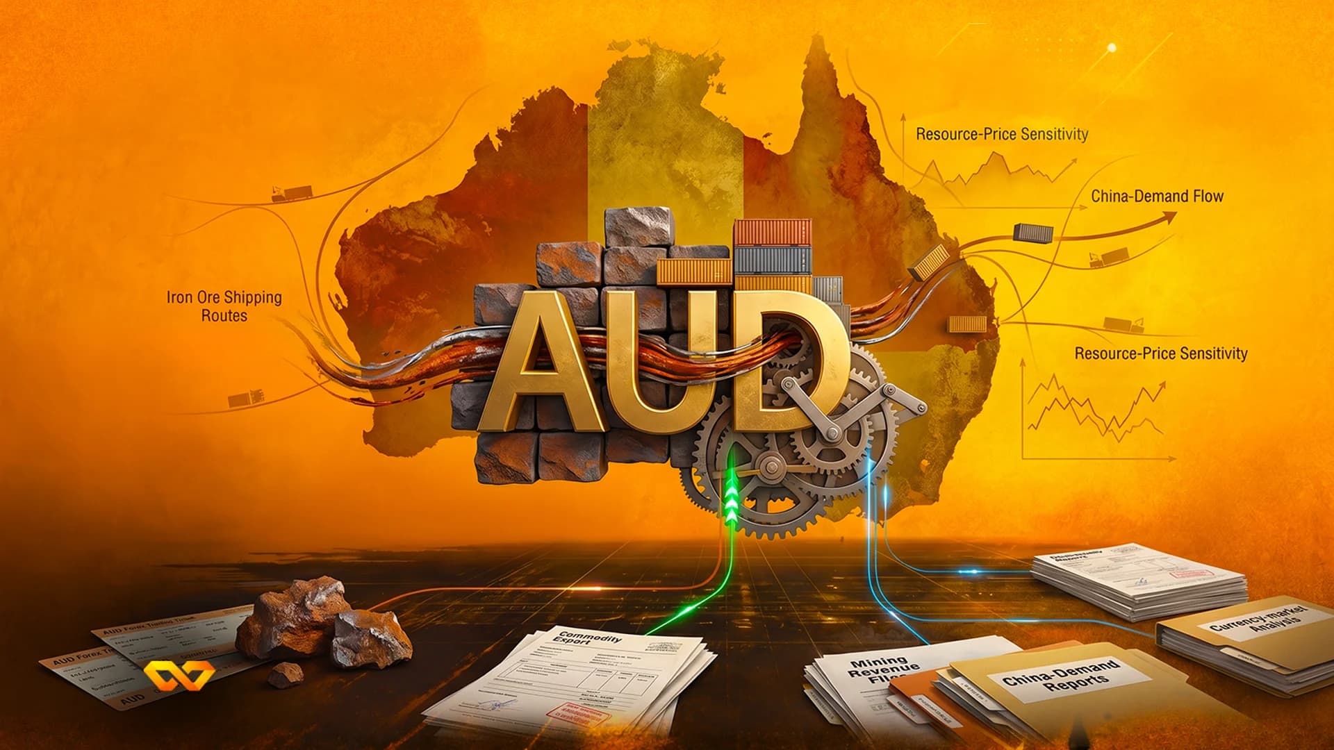 أحرف AUD ذهبية ثلاثية الأبعاد فوق خريطة أستراليا مع تروس وحاويات شحن ومستندات تصدير السلع.