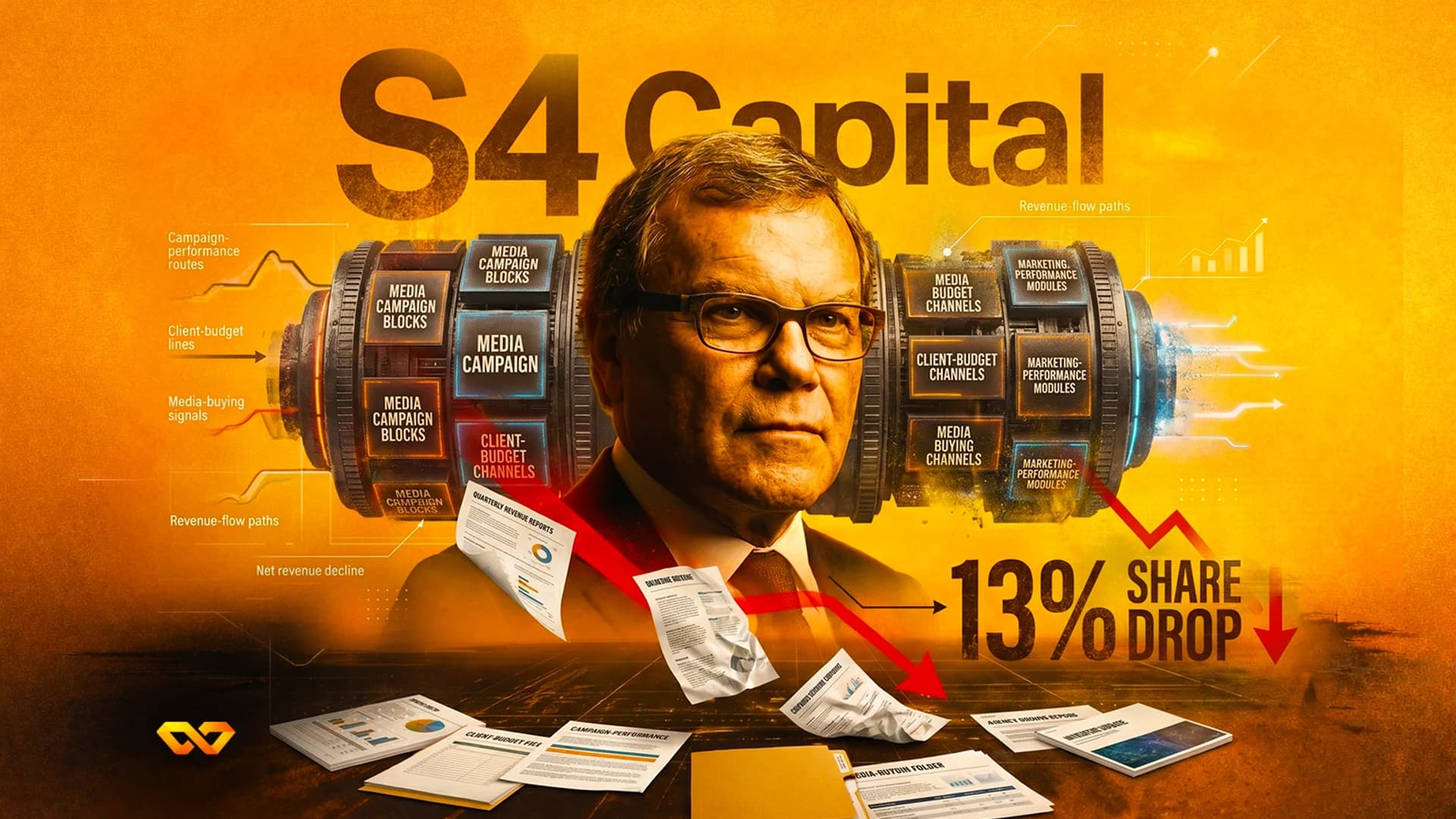 صورة لرجل يرتدي نظارات فوق خلفية ميكانيكية مع نص 'S4 Capital' ورسم بياني لانخفاض السهم بنسبة 13%.