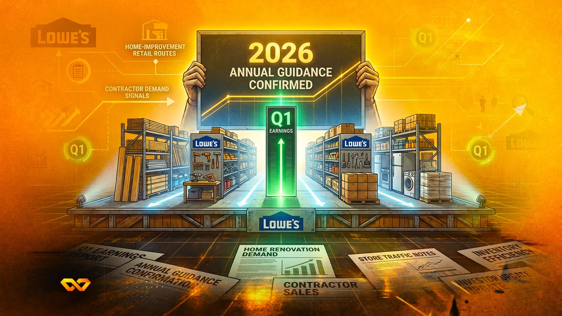 Digital illustration of a Lowe's store interior with a screen displaying 2026 guidance and a green upward arrow.